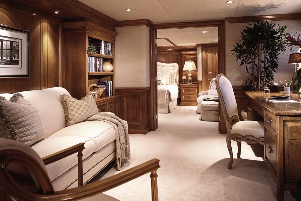 Luxury yacht interior showcasing elegant wood paneling and sophisticated design