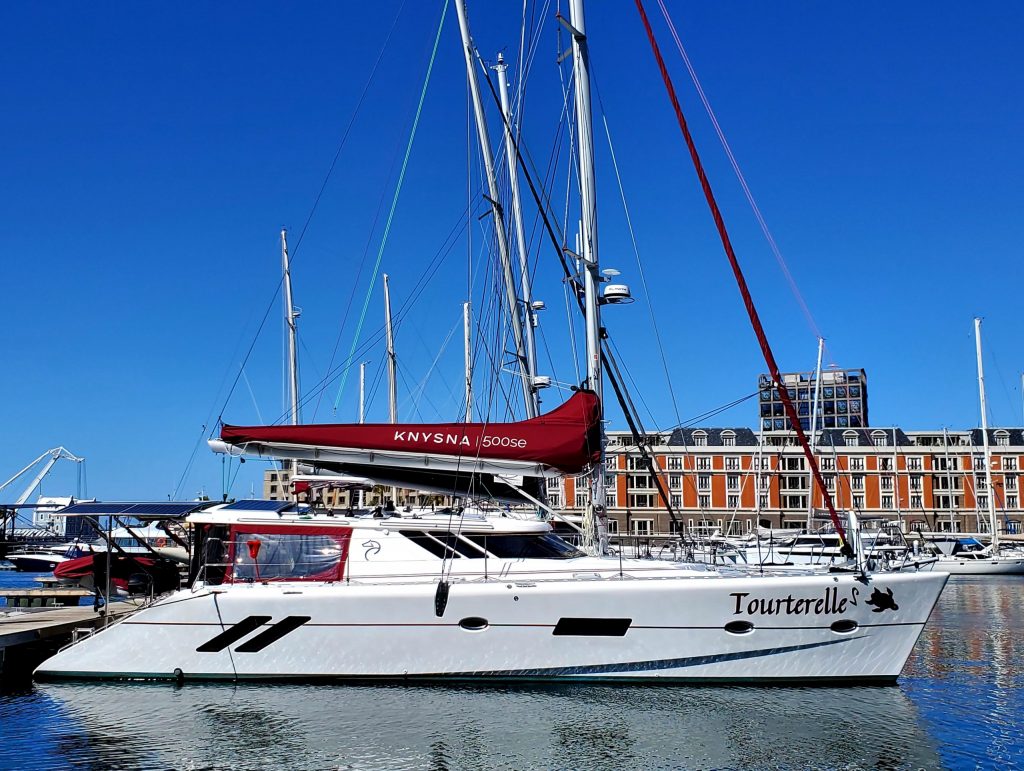White catamaran in Cape Town harbor